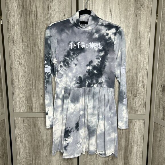 Spirited Away Mini Dress Tie Dye High Neck Gray Goth Cotton Long Sleeves Size M - Picture 1 of 7